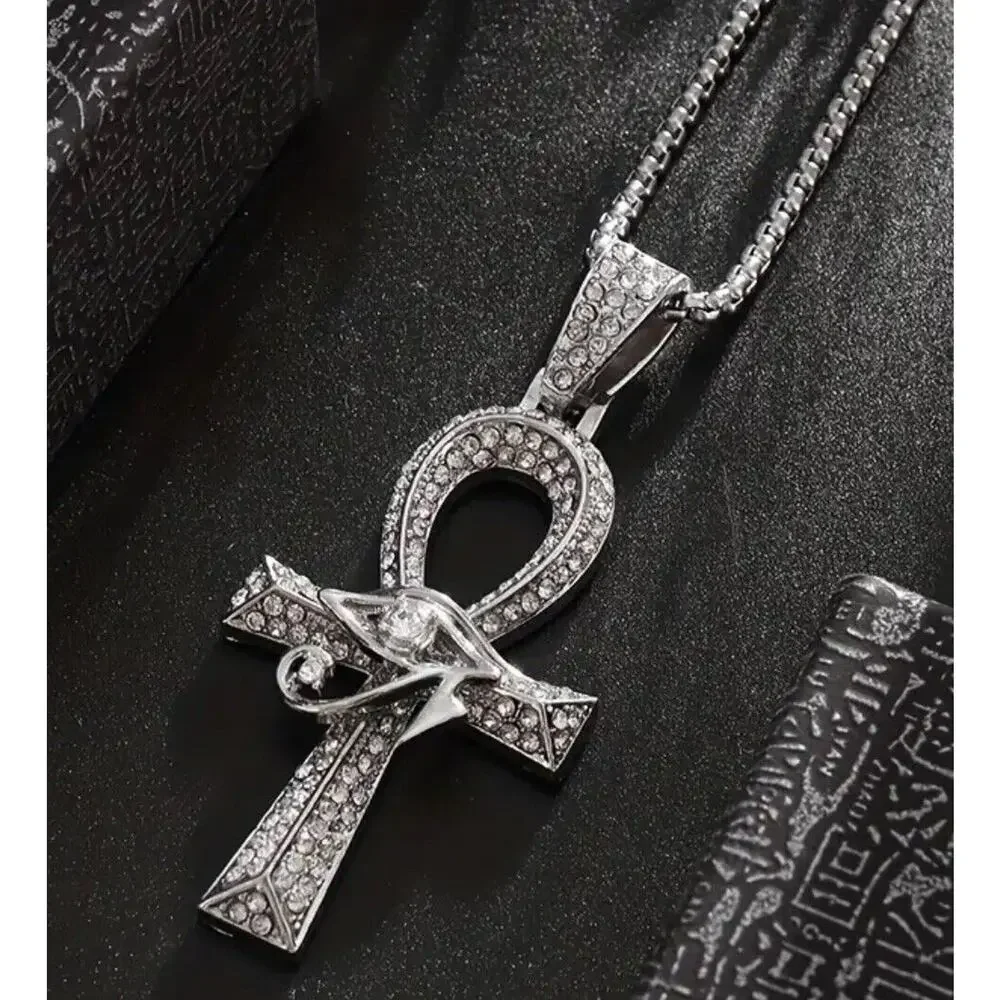 Silver Tone Crystal Ahnk Cross Necklace 23” Faith Pendant Sleek Classic NEW